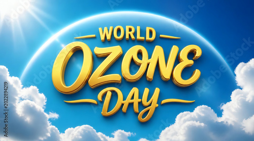 world ozone day golden 3d cursive text on blue sky with fluffy clouds environmental conservation hope protection global awareness high contrast