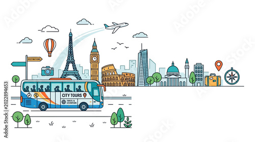 Illustration of a tour bus traveling past world famous landmark buildings.