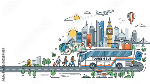 Illustration of a tourist bus traveling on a road with landmarks and travelers.