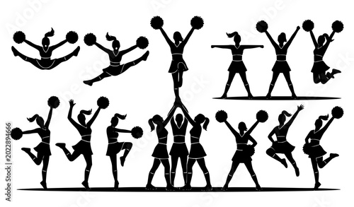Konstfotografi Cheerleader silhouettes vector collection with synchronized cheer dance and stad