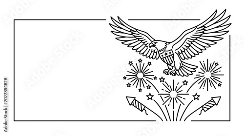 Line art illustration of a bald eagle flying above fireworks.