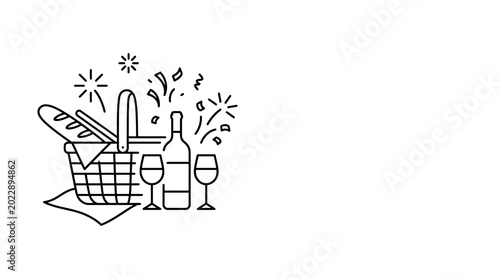 Line art illustration of a festive picnic basket with wine and bread.