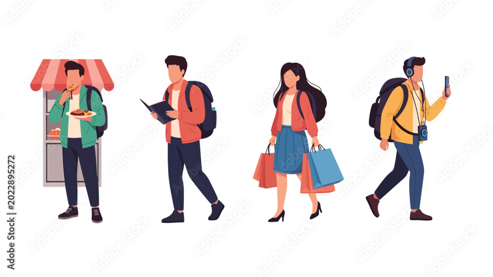 Obraz premium Diverse group of people engaged in various activities like shopping, eating, and commuting with backpacks.