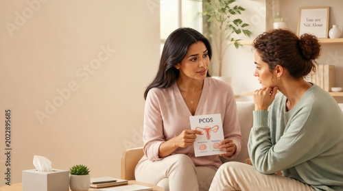3d render empathetic pcos support discussion diverse women serene clinic setting pastel wardrobe soft natural light shallow depth of field medical diagram ovaries illustration high resolution