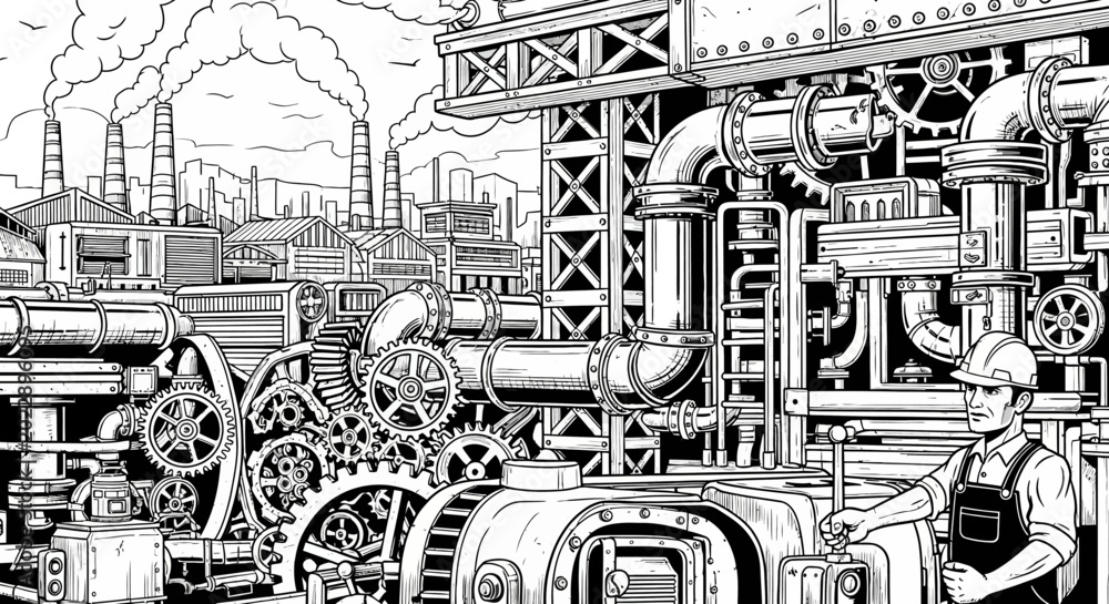 Obraz premium Industrial factory illustration complex machinery and production environment