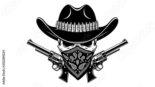 Fotografi Outlaw Cowboy Skull with Revolvers and Bandana Graphic