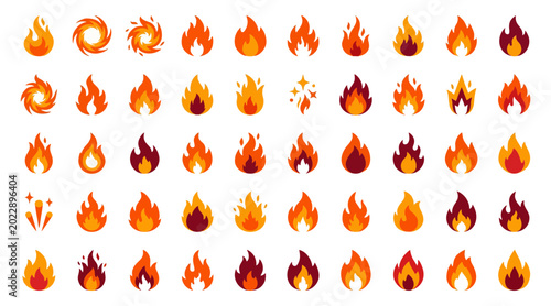 Tableau sur toile Collection of diverse stylized fire flame icons designed as flat vector illustra