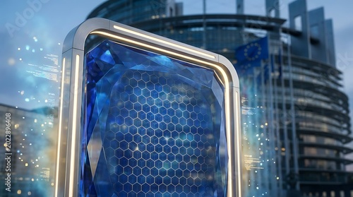 A futuristic blue honeycomb-patterned object with a metallic frame is displayed in front of a modern sleek building.