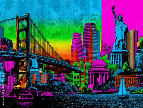 Retro 1970s Pop Art Poster Style Composition with Bold Fluorescent Day-Glo Colors