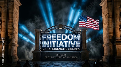 The Freedom Initiative sign with American flag displayed at night between two pillars with blue lights shining behind it.