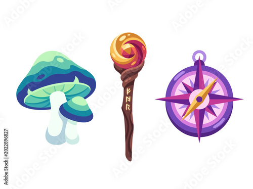 Fotografia An artistic representation of fantasy elements including a whimsical mushroom, a magical wand, and a navigational compass, which evoke a sense of adventure and exploration