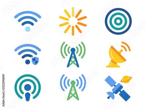 Tableau sur toile A colorful array of communication and Wi-Fi symbols representing modern technology and connectivity