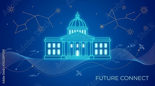 A futuristic illustration of a government building under a starry night sky with constellations and a wavy line design, representing connection and innovation in architecture and technology.
