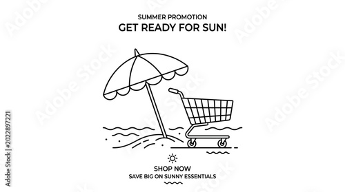 Line art summer promotion banner with beach umbrella and shopping cart.