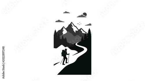 Minimalist black and white graphic illustration of a hiker trekking towards majestic mountain peaks.