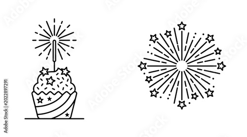 Minimalist line art illustration of a birthday cupcake with a sparkler and a firework burst.