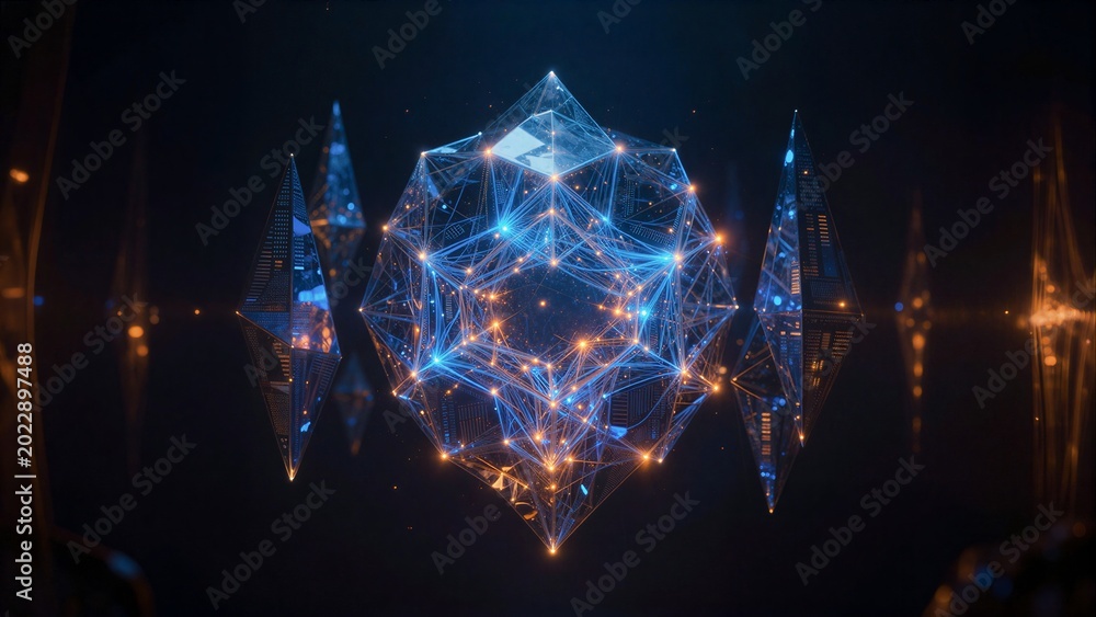 Fototapeta premium Futuristic geometric structure glowing with blue and orange lights