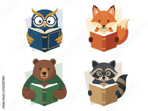 Photos A delightful illustration featuring a wise owl, curious fox, thoughtful bear, and clever raccoon, each absorbed in reading, ideal for children’s literature and education themes