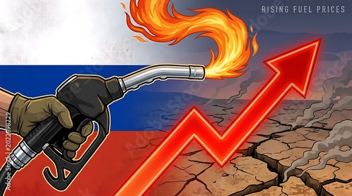 A hand holds a gas pump nozzle with flames rising, set against a Russian flag background with a red arrow indicating rising fuel prices on cracked dry earth.