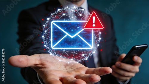 Email alert warning notification concept with digital envelope and exclamation mark for urgent message