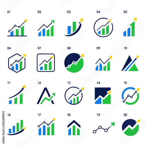 Set of 20 Business Growth Charts and Financial Bar Graph Icons
