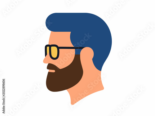 Photos This image showcases a stylized side profile of a man with glasses and a beard, combining modern design elements with a thoughtful expression that conveys intelligence