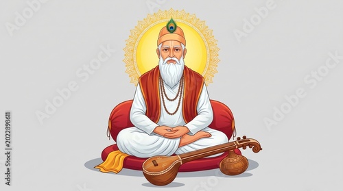 Saint kabir das sitting in meditation pose playing veena instrument with radiant golden halo sant kabirdas