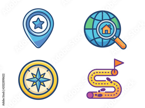 Bilde på lerret This illustration presents various navigational icons, including a compass and map, highlighting concepts of journey mapping, location searching, and exploration that are crucial for travelers
