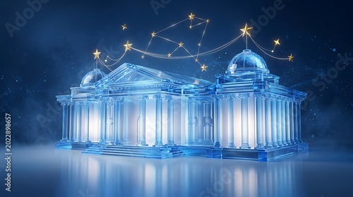 A futuristic building with columns and domes glows brightly under a starry night sky with a constellation.