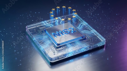 A futuristic illustration of a microchip with glowing blue circuits and gold connectors on a sleek metallic surface with a purple and blue gradient background.