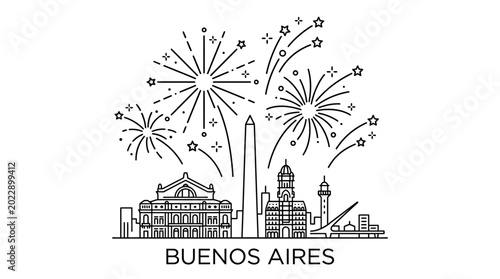 Bild auf Leinwand Minimalist outline illustration of Buenos Aires skyline with celebratory fireworks
