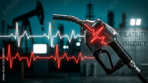 A gas pump nozzle with a red ECG line amidst an industrial oil pump backdrop displays volatility and urgency.