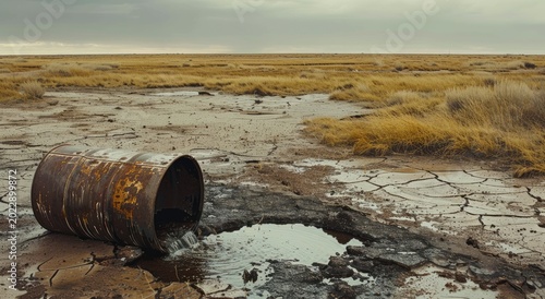 Rusty drum in barren, cracked earth, mirroring a desolate landscape. Overcast skies complete the bleakness