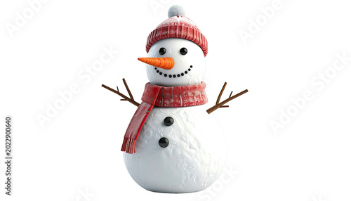 3D snowman with carrot nose, wearing a hat and scarf, on black
