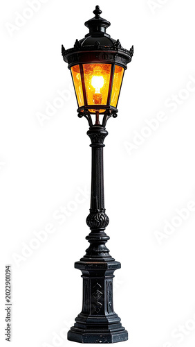 An ornate, black lamppost glows brightly against a stark black background