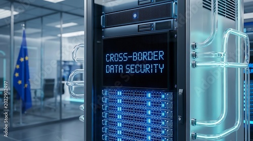 A futuristic server room with a large screen displaying Cross-Border Data Security in a modern office with a glass wall and a flag, showcasing Technology and Science concepts.
