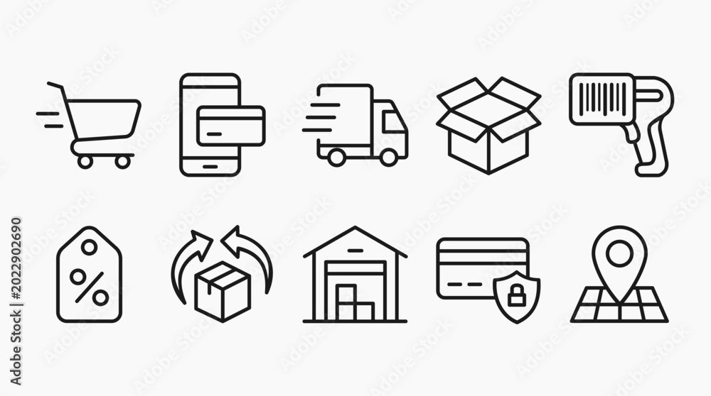 Fototapeta premium E-commerce, Delivery and Logistics Line Icons Set
