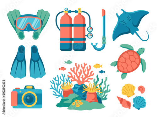 In this underwater scene, snorkeling gear and vibrant marine life invite exploration into coral reefs, emphasizing the beauty and imperative need for ocean conservation.