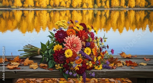 autumn bouquet on wooden dock by lake