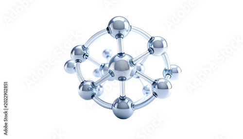 Shiny, metallic molecular model with interconnected spheres