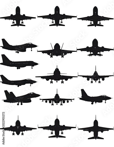Silhouetted aircraft in various angles against a black background