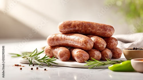 Grilled Sausages with Herbs and Garlic on Wood / 木製プレートに盛られたハーブとニンニクが香るグリルソーセージ