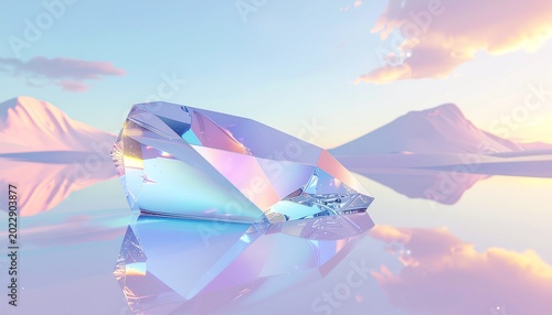 Large Crystal Formation Reflects Mountains and Sunset in Calm Water