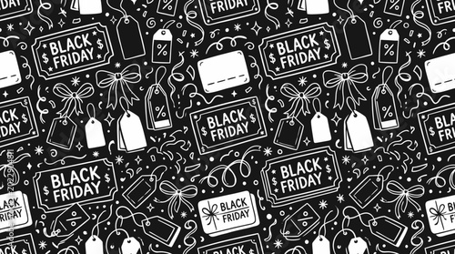 Canvas Print Seamless Black Friday shopping sale pattern with tags bags and icons