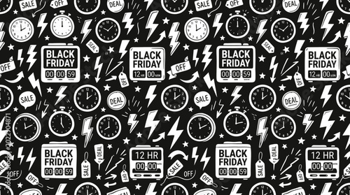 Foto Monochrome seamless Black Friday sale pattern with clocks tags and icons