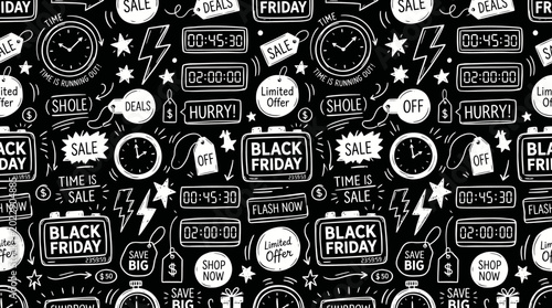Tableau sur toile Seamless Black Friday sale pattern with shopping icons.