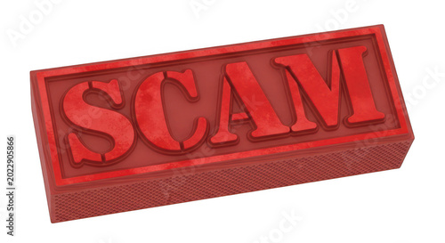Red rubber stamp with the word scam printed on it
