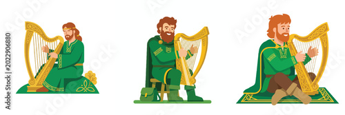 Foto A flat design illustration of a Celtic bard playing a golden harp, simple minimalism, no outlines, bright emerald green and gold colors, plain white background