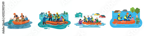 Fotografija A flat design illustration of rescue workers in bright vests helping people out of a flooded area using a small boat