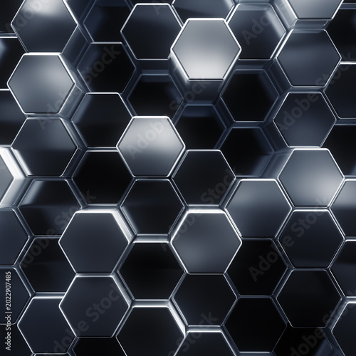 Shiny silver honeycomb background of patterned hexagons. Array of gray 3d rendered hex shapes creating a visual of a sleek, polished pattern for futuristic, scientific, or technical backgrounds.